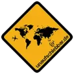 Gelbes rautenförmiges Logo von unaufschiebbar.de mit Weltkarte
