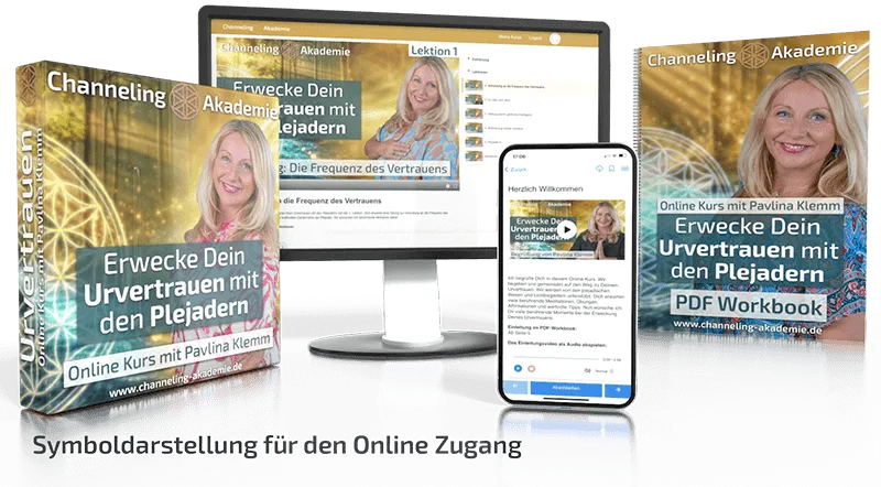 Kursbox, Monitor mit Lektion 1, Smartphone mit der Kurs-App und PDF-Workbook des Onlinekurses Erwecke Dein Urvertrauen mit den Plejadern