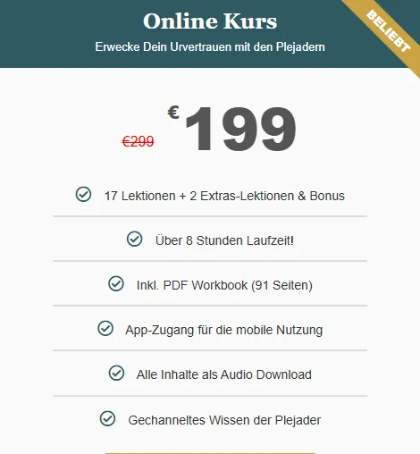Preiskarte der Kursseite mit 199 Euro, durchgestrichenen 299 Euro und den Leistungen des Onlinekurses