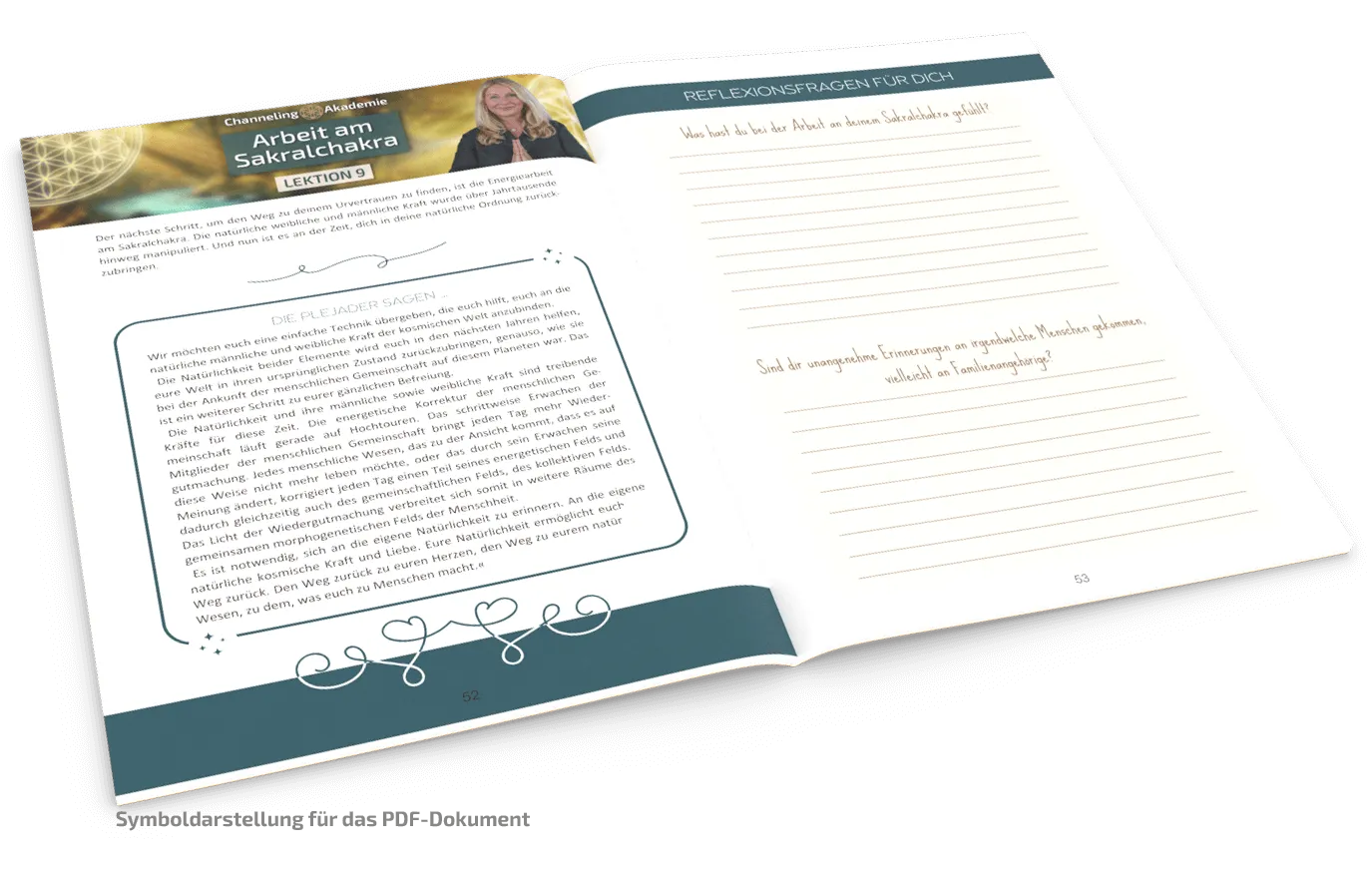 Aufgeschlagenes Workbook mit Lektion 9 Arbeit am Sakralchakra und einer Seite mit Reflexionsfragen und Linien für Notizen