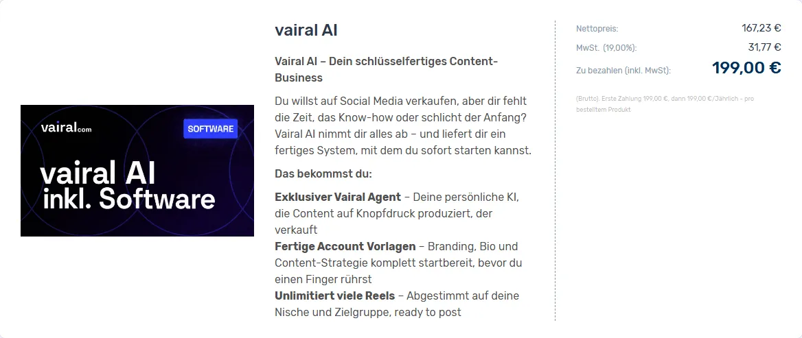 Bestellformular von vairal AI mit Produktbeschreibung und dem Endpreis von 199 Euro inklusive Mehrwertsteuer