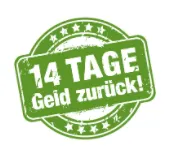 Grüner Stempel mit der Aufschrift 14 Tage Geld zurück für den Veganen Online Kochkurs