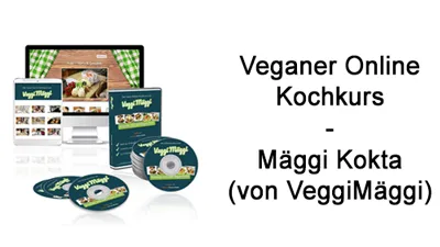 Kursprodukte des Veganen Online Kochkurses neben dem Schriftzug Veganer Online Kochkurs – Mäggi Kokta (von VeggiMäggi)