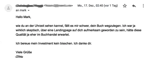 E-Mail eines zunächst skeptischen Lesers an Mark Lambert, der sein Investment in das Buch kein bisschen bereut