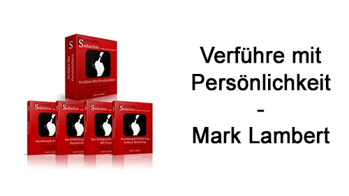 Rote Buchboxen von Verführe mit Persönlichkeit neben dem Schriftzug Verführe mit Persönlichkeit – Mark Lambert