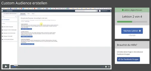 Videolektion Custom Audience erstellen aus dem Facebook Ads Kurs Facebook Traffic Formel