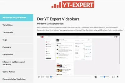 Screenshot des YT Expert Videokurses mit der Lektion Moderne Crosspromotion