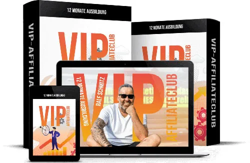 Kursboxen des VIP Affiliate Clubs mit Laptop und Tablet, auf denen Ralf Schmitz zu sehen ist