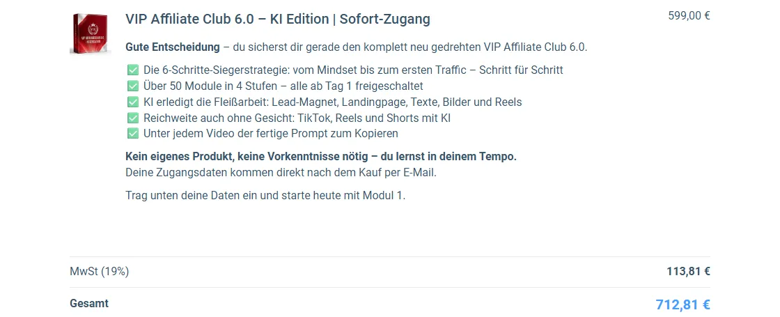 Produktblock der Platin Edition im Bestellformular mit 599 Euro netto und 712,81 Euro Gesamtbetrag