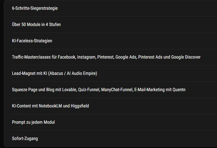 Inhaltsliste der Kursseite mit Strategie, Modulen, Faceless-Strategien, Traffic-Masterclasses und KI-Werkzeugen