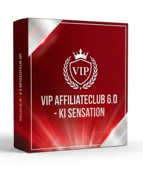 Produktbox des VIP Affiliate Club 6.0 mit rotem VIP-Wappen und dem Schriftzug KI Sensation