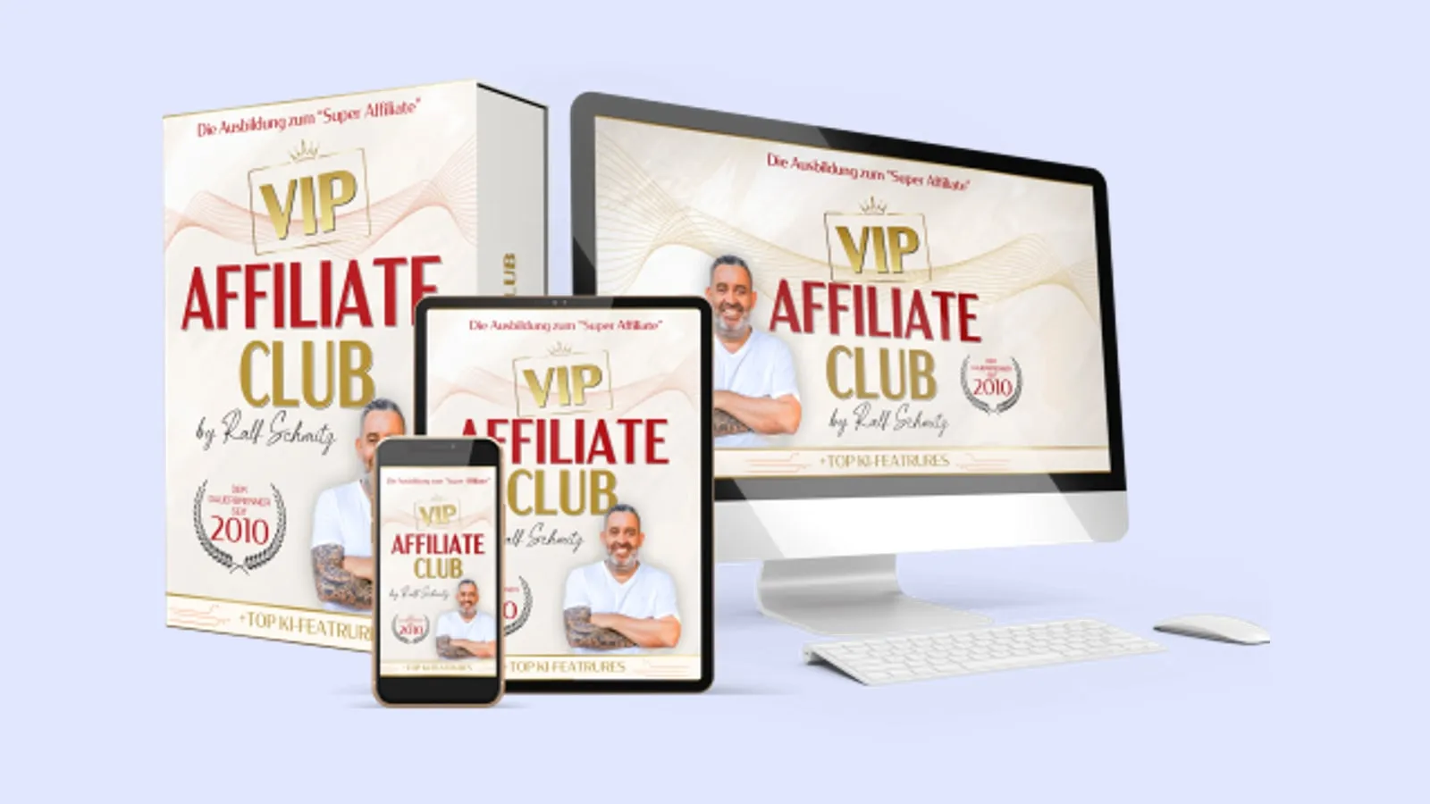 Kursbox, Monitor, Tablet und Smartphone mit dem Schriftzug VIP Affiliate Club by Ralf Schmitz