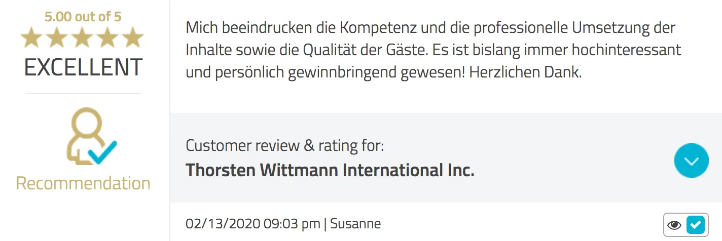 Kundenbewertung von Susanne mit 5 von 5 Sternen: beeindruckt von Kompetenz und Umsetzung der Inhalte im VIP Status