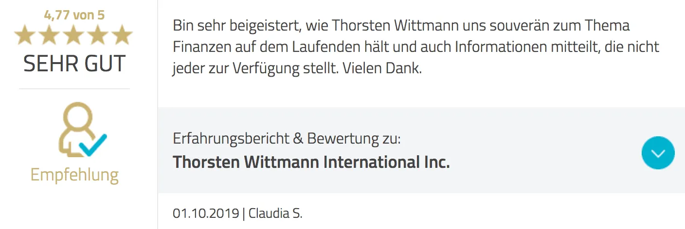Kundenbewertung von Claudia S. mit 4,77 von 5 Sternen: begeistert, wie Thorsten Wittmann zum Thema Finanzen informiert