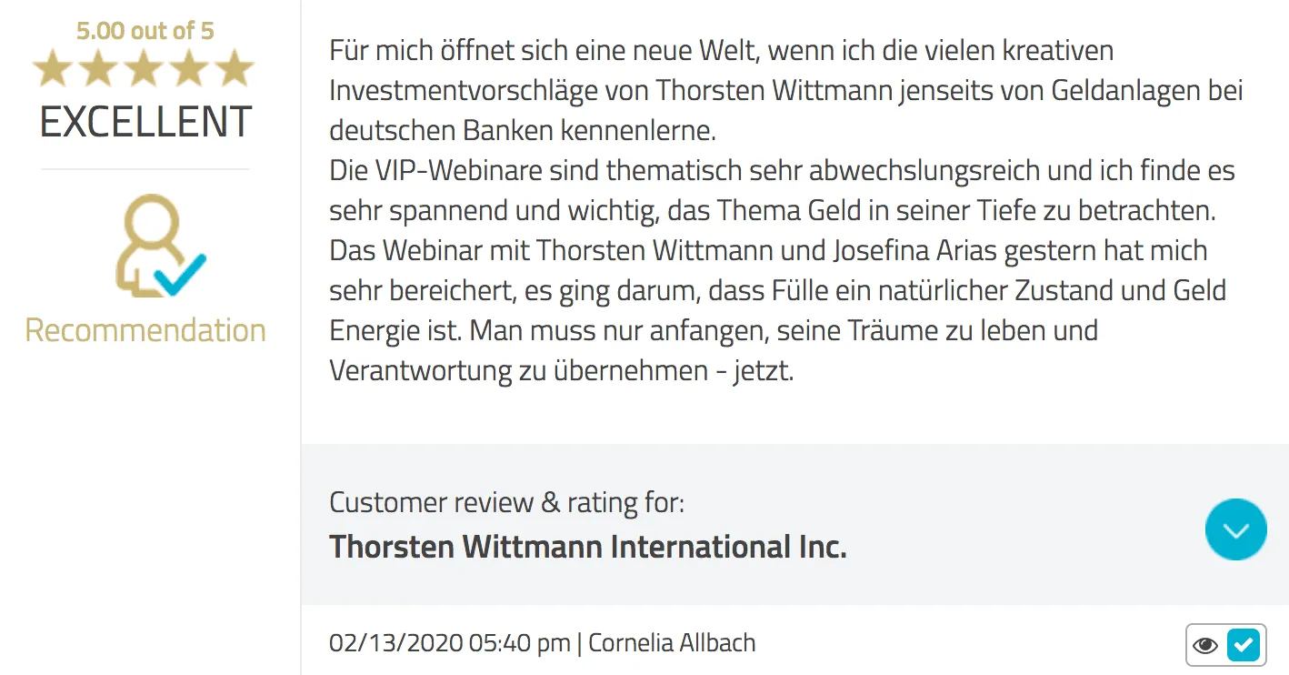 Kundenbewertung von Cornelia Albach mit 5 von 5 Sternen über die VIP-Webinare und Investmentvorschläge von Thorsten Wittmann