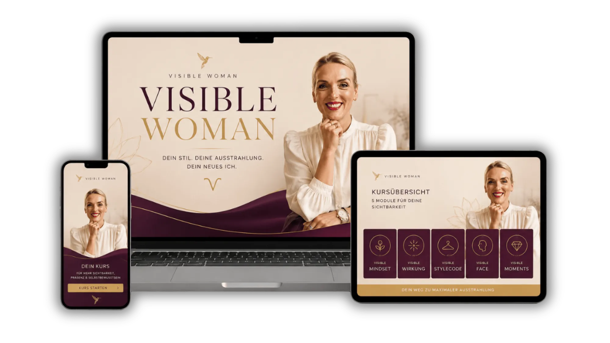 Kurs Visible Woman auf Laptop, Tablet und Smartphone, auf dem Tablet die Kursübersicht mit fünf Modulen