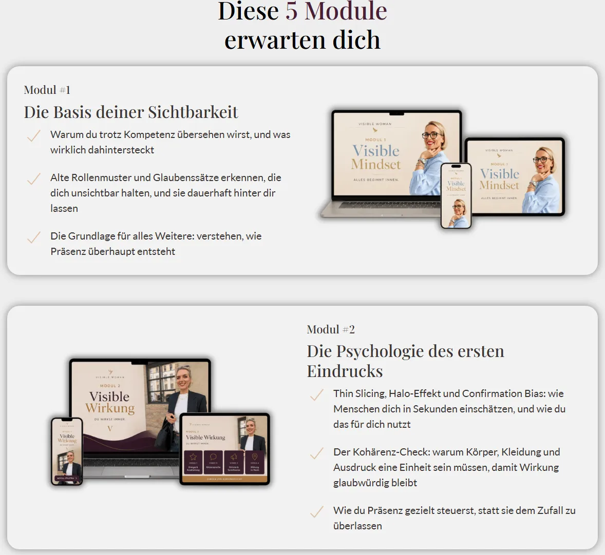 Kursseite von Visible Woman mit der Überschrift Diese 5 Module erwarten dich sowie den Modulen 1 und 2