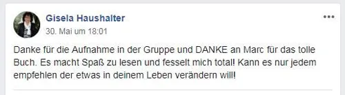 Facebook-Beitrag von Gisela Haushalter, die das Buch Von 0 zur ersten Million weiterempfiehlt
