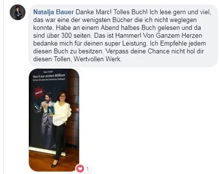 Facebook-Kommentar von Natalja Bauer über das Buch mit Foto zusammen mit Marc Galal