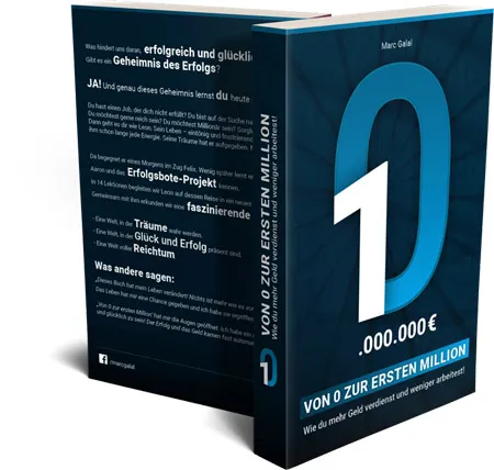 Aufgeschlagenes Hardcover-Buch Von 0 zur ersten Million von Marc Galal mit Rückseitentext