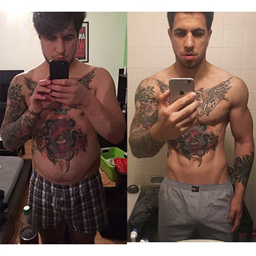 Vorher-Nachher-Spiegelselfie eines tätowierten Mannes mit weniger Körperfett nach MyFitCoach