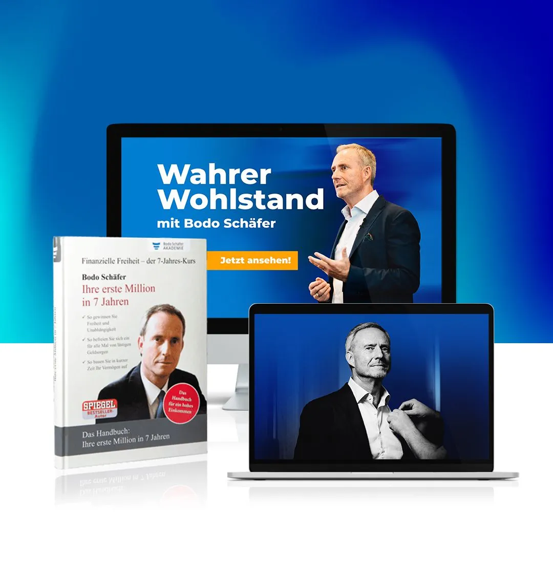 Kurspaket Wahrer Wohlstand mit Bodo Schäfer auf Monitor und Laptop und dem Handbuch Ihre erste Million in 7 Jahren