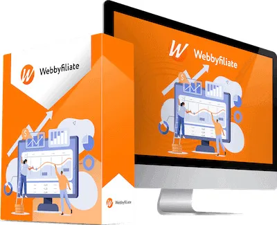Orange Softwarebox und Monitor mit dem Dashboard der Affiliate Software Webbyfiliate