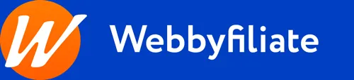 Logo und Schriftzug von Webbyfiliate auf blauem Hintergrund