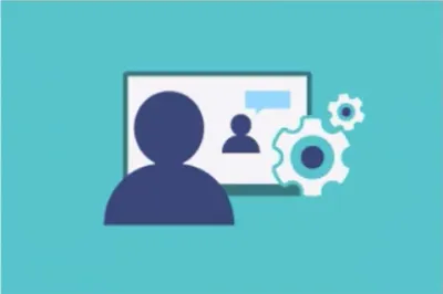 Symbolgrafik zum ClickCopy-Modul Webinar-Copy mit Person vor einem Bildschirm