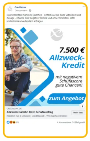 Beispiel-Werbeanzeige auf Facebook für einen Allzweck-Kredit aus dem E-Book Die 600 besten Werbeanzeigen 2020