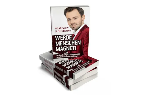 Stapel des Buches Werde Menschenmagnet von Wladislaw Jachtchenko mit rotem Cover