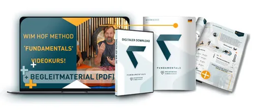 Videokurs Fundamentals der Wim Hof Methode auf einem Laptop mit digitalem Begleitmaterial als PDF