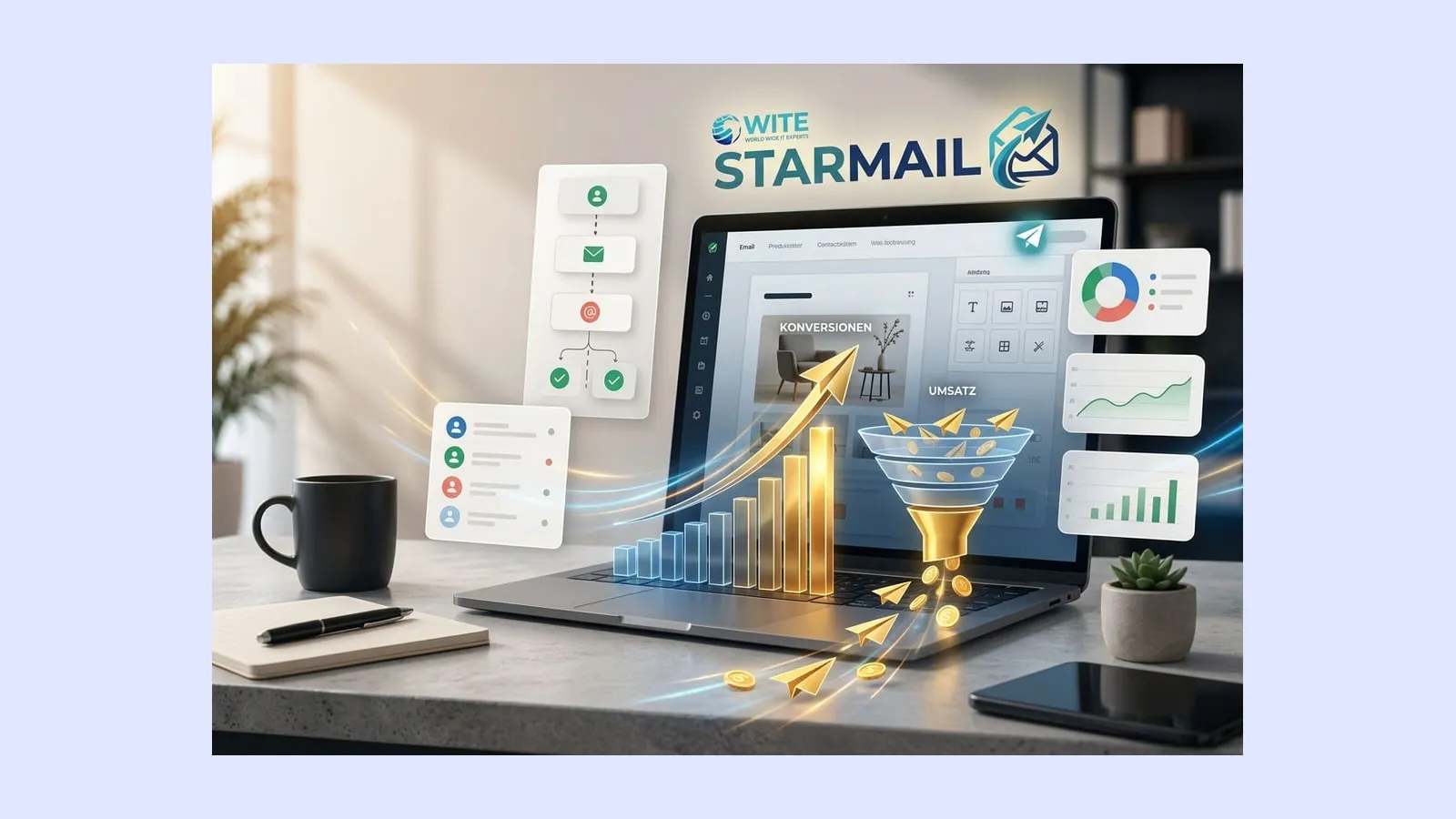 Grafik zu WITE Starmail mit Laptop, Newsletter-Dashboard und Diagrammen für E-Mail-Marketing