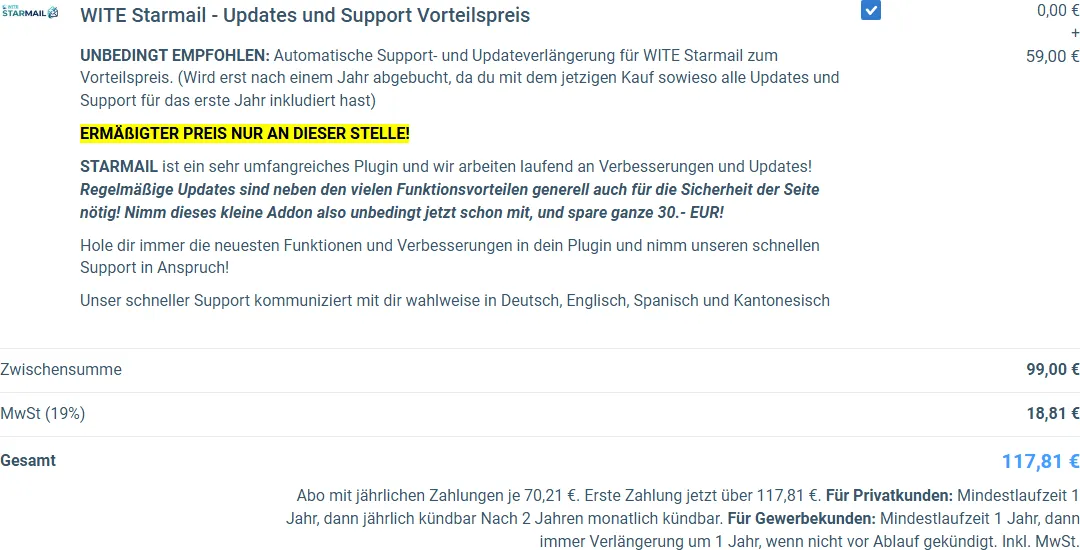 Bestellformular von WITE Starmail mit Update-Verlängerung für 59 Euro, Zwischensumme 99 Euro und Gesamtbetrag 117,81 Euro
