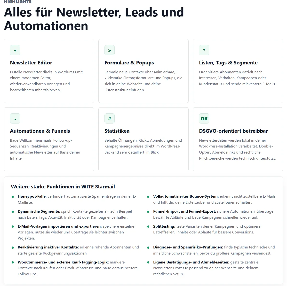Funktionsübersicht von WITE Starmail auf der Kursseite mit Editor, Formularen, Segmenten, Automationen und Statistiken