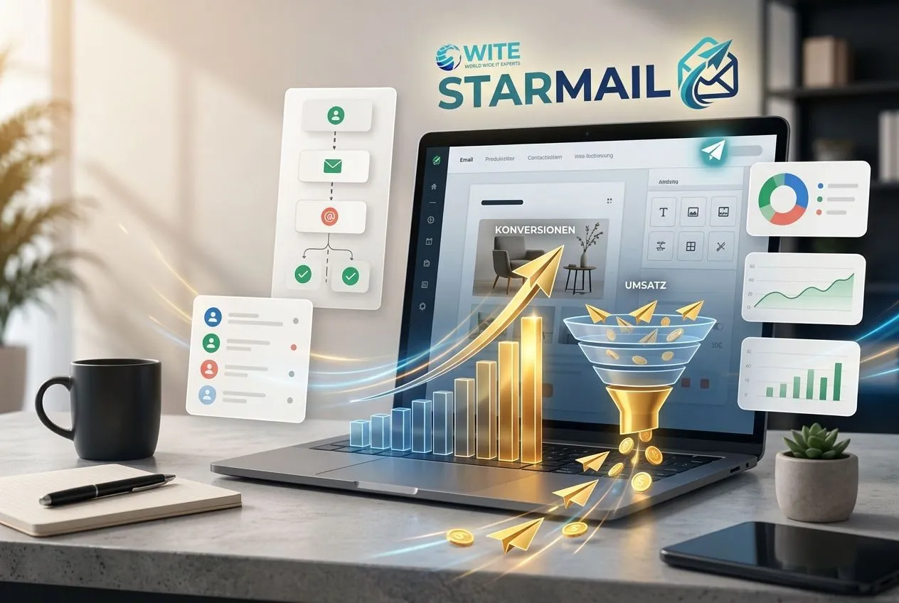 Grafik der Kursseite zu WITE Starmail mit Laptop, Dashboard und Symbolen für Newsletter und Automationen
