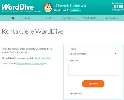 WordDive Erfahrungen und Meinung zum Support: Kontaktformular mit Themenauswahl