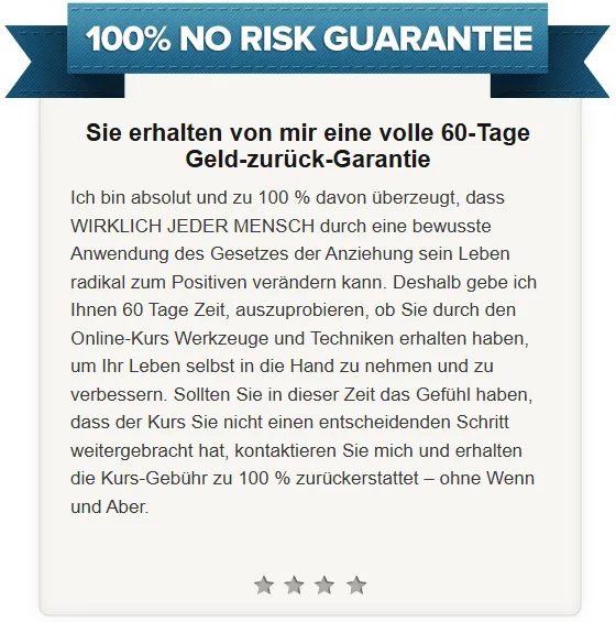 Garantie-Kasten der Kursseite mit der Zusage einer vollen 60-Tage-Geld-zurück-Garantie