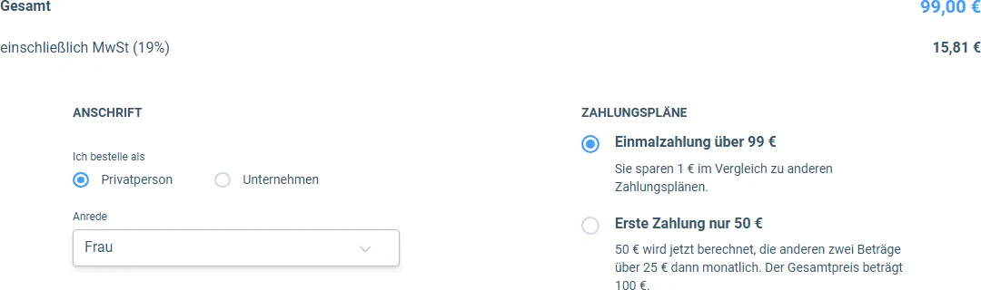 Ausschnitt aus dem Bestellformular des Online-Kurses Wünsch dir was - aber richtig mit 99 Euro Gesamtpreis und den beiden Zahlungsplänen