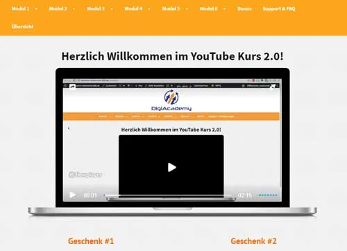 Mitgliederbereich des YouTube Kurs 2.0 mit dem Willkommensvideo der DigiAcademy