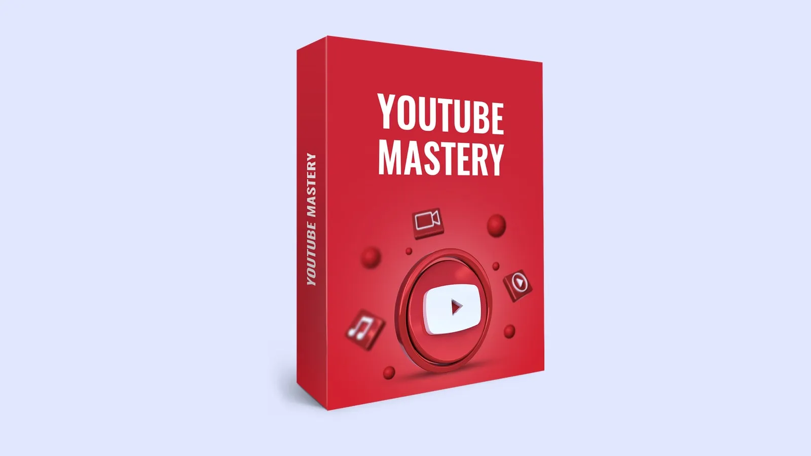 Rote Kursbox mit dem Schriftzug YouTube Mastery und einem roten Wiedergabe-Symbol auf hellem Grund
