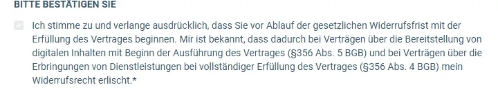 Bestätigungstext im Bestellformular der YouTube Masterclass zum Kursstart vor Ablauf der Widerrufsfrist