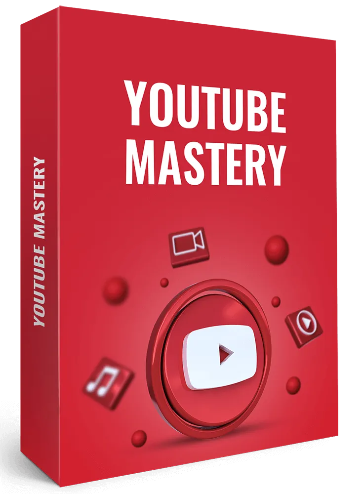 Rote Kursbox mit dem Schriftzug YouTube Mastery, darunter ein rotes Wiedergabe-Symbol mit Kamera und Noten