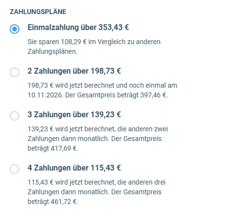 Zahlungspläne im Bestellformular der YouTube Masterclass: Einmalzahlung über 353,43 Euro sowie 2, 3 oder 4 Zahlungen