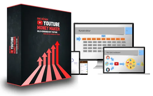 Kursbox des YouTube Money Maker neben Monitor, Tablet und Smartphone mit Kursinhalten