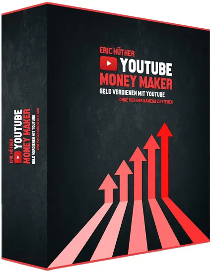 Schwarze Kursbox des YouTube Money Maker von Eric Hüther mit roten Pfeilen