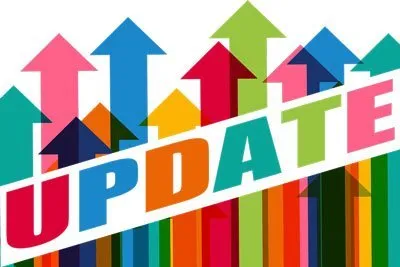 Update-Schriftzug mit bunten Pfeilen zu Support und Updates beim YouTuber werden mit Abgegrieft