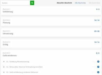 Abschnitte Einführung bis Geld verdienen im Kursbereich des YouTube Kurs: So wirst du Youtuber