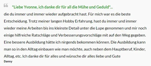 Kundenstimme von Danny zur Nageldesign Online Ausbildung: „Liebe Yvonne, ich danke dir für all die Mühe und Geduld“
